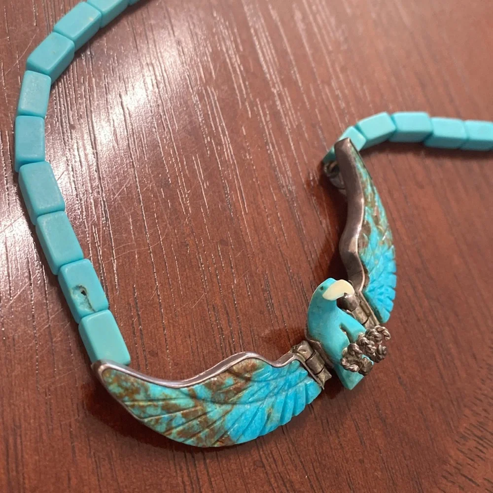 Navajo Native American Turquoise Silver & Mother of Pearl Eagle Necklace - Picture 14 of 17